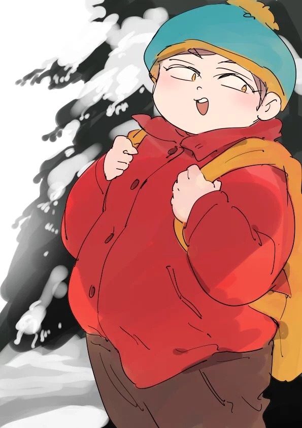 1boy, backpack, bag, be_(ronironibebe), beanie, brown_hair, eric_cartman, fat