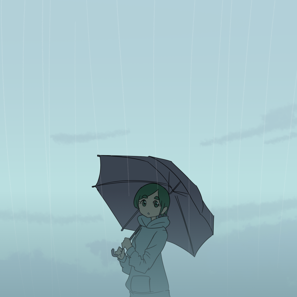 1girl, clouds, cloudy_sky, futomayu-chan_(sinohira_rin), green_hair, grey_hoodie, holding, holding_umbrella, hood, hood_down, hoodie, long_sleeves, original, outdoors, rain, short_hair, sinohira_rin, sky, solo, umbrella, upper_body