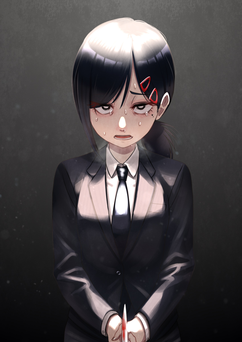 1girl, absurdres, black_background, black_hair, black_jacket, black_neckwear, chainsaw_man, collared_shirt, gradient, gradient_background, hair_ornament, hairclip, half-closed_eyes, higashiyama_kobeni, highres, holding, jacket, mole, mole_under_eye, necktie, nervous, open_mouth, shirt, sinohira_rin, solo, sweat, upper_body, white_shirt