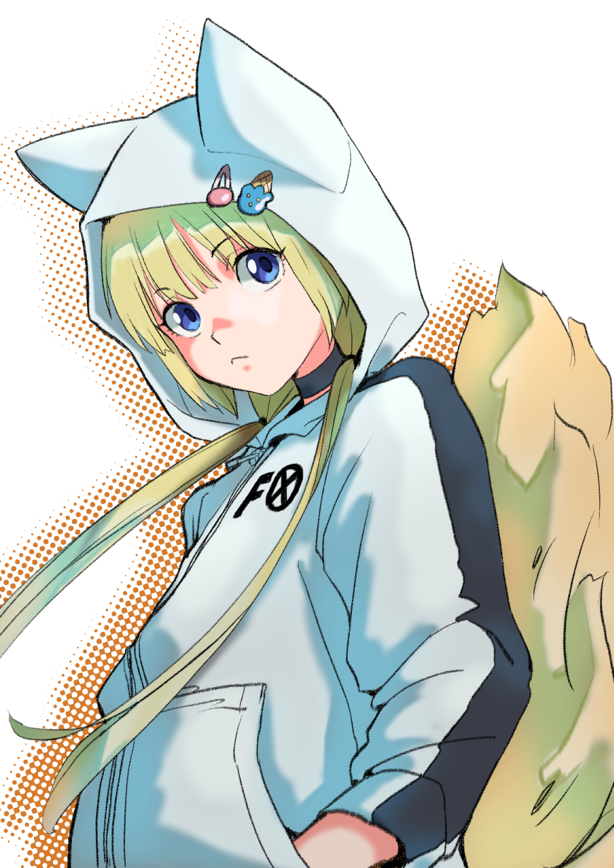 1girl, animal_hood, arakan, bangs, black_choker, blonde_hair, blue_eyes, choker