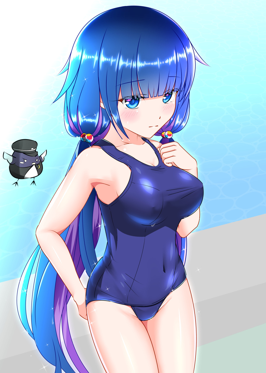 1girl, absurdres, bird, blue_eyes, blue_hair, blue_swimsuit, breasts, collarbone