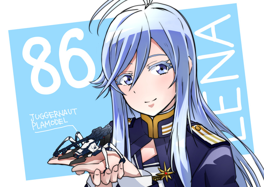 1girl, 86_-eightysix-, absurdres, ahoge, bangs, blue_eyes, blue_hair, blue_jacket, character_name, copyright_name, hair_between_eyes, head_tilt, highres, holding, holding_toy, jacket, m1a4_juggernaut, military, military_uniform, model_kit, plamo, pottya, smile, solo, toy, uniform, vladilena_millize