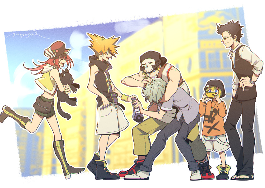 2girls, 4boys, artist_name, bitou_daisukenojou, bitou_raimu, black_footwear, black_hair, black_headwear