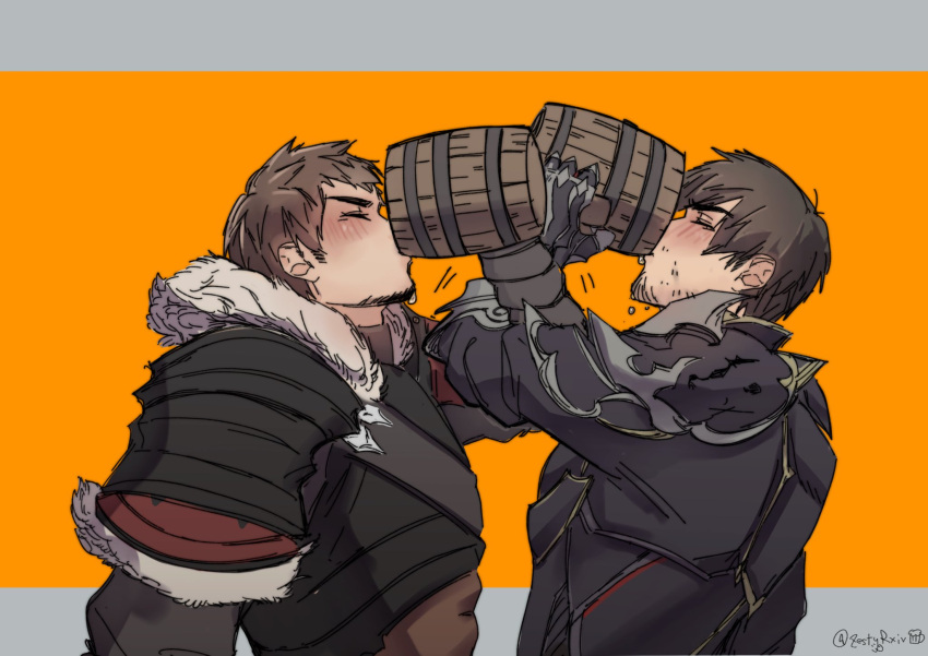 2boys, adventurer_(ff14), alcohol, ardbert_(ff14), armor, artist_name, blush, brown_hair, closed_eyes, commentary, cup, drinking, drunk, english_commentary, facial_hair, final_fantasy, final_fantasy_xiv, fur_trim, highres, holding, holding_cup, jiao_bei_jiu, locked_arms, male_focus, multiple_boys, short_hair, symbol_commentary, tankard, twitter_username, zestyrxiv