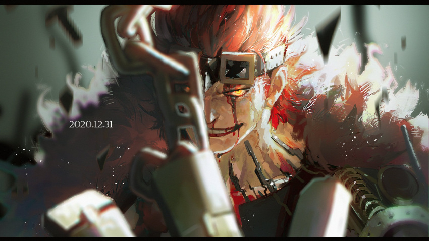 1boy, blood, blood_on_face, blurry, blurry_foreground, chain, commentary_request, dated