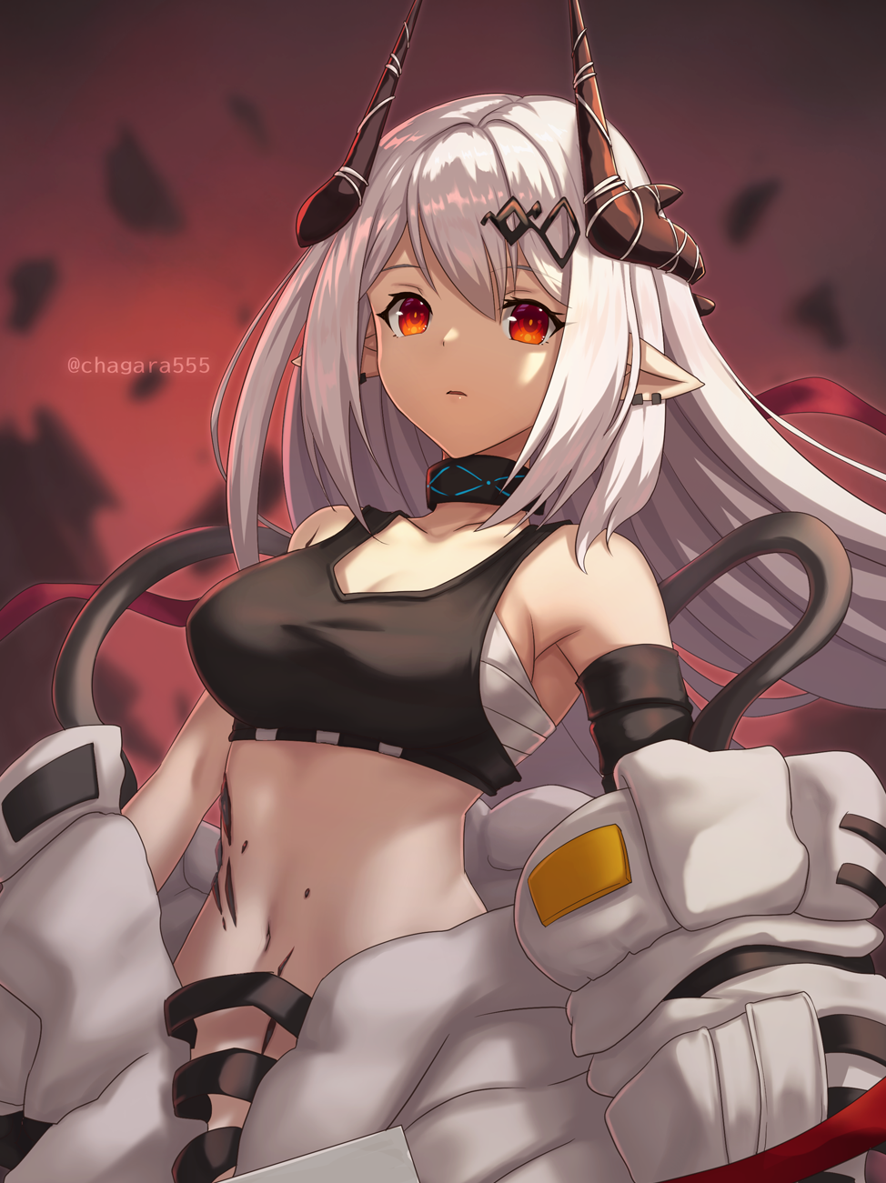 1girl, arknights, bandages, bangs, bare_shoulders, black_choker, breasts, chagara, choker, commentary, crop_top, highres, horns, infection_monitor_(arknights), large_breasts, long_hair, looking_at_viewer, midriff, mudrock_(arknights), navel, off_shoulder, parted_lips, pointy_ears, red_eyes, sarashi, silver_hair, solo, sports_bra, stomach, upper_body