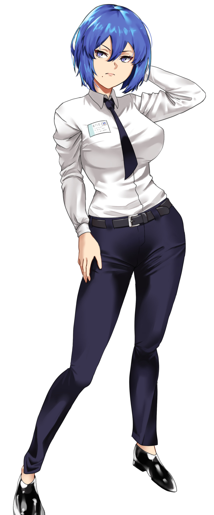 1girl, absurdres, black_footwear, black_neckwear, blue_eyes, blue_hair, blue_pants, breasts