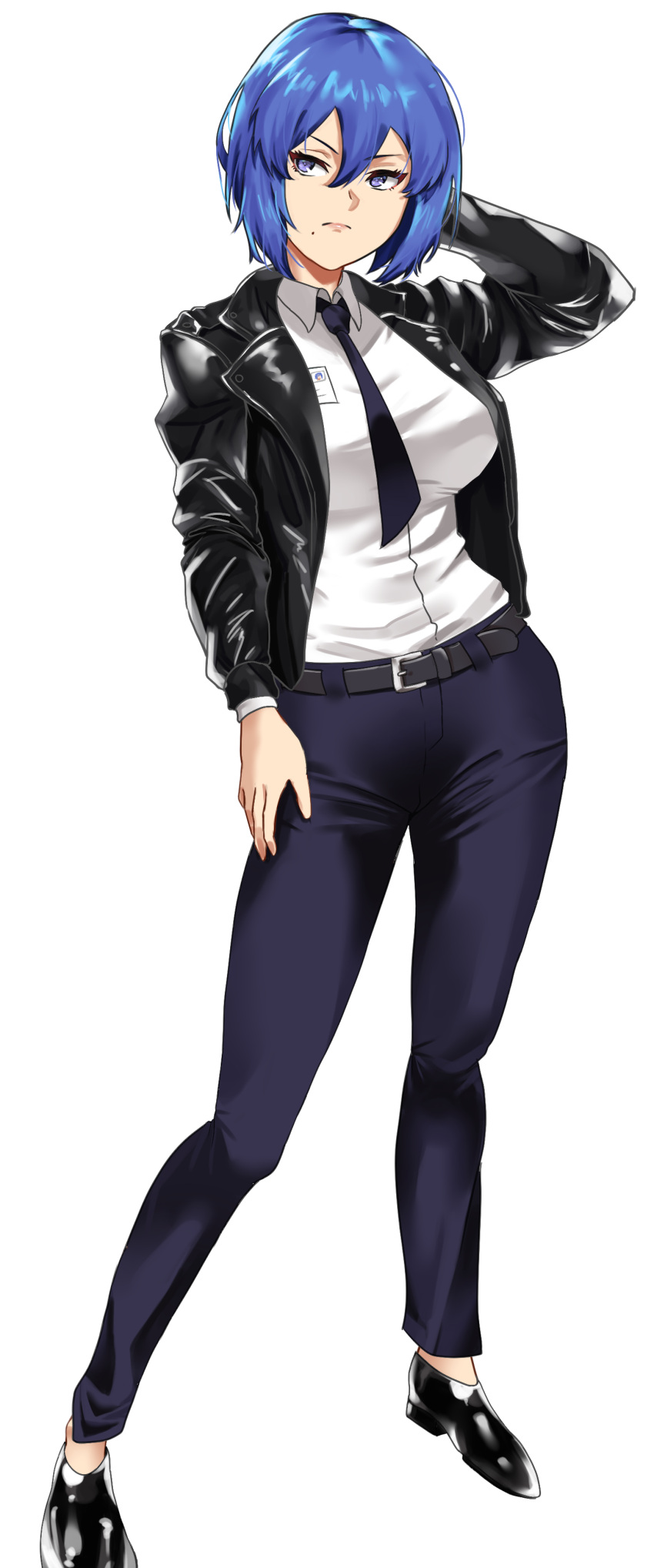 1girl, absurdres, black_footwear, black_jacket, black_neckwear, blue_eyes, blue_hair, blue_pants, breasts, collared_shirt, denim, highres, jacket, jeans, large_breasts, long_sleeves, mole, mole_under_mouth, necktie, open_clothes, open_jacket, original, pants, ryougi_ayato, shirt, short_hair, white_shirt