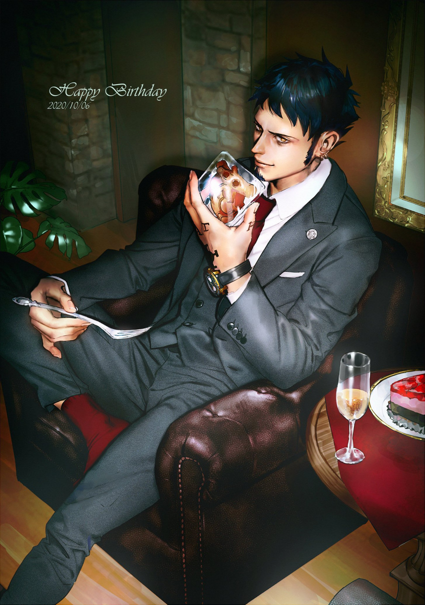 1boy, alcohol, alternate_costume, armchair, birthday, black_hair, breast_pocket, buttons