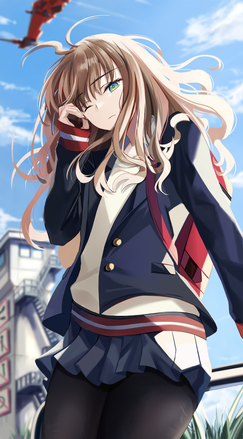 1girl, bag, black_legwear, blazer, brown_hair, cardigan, green_eyes, hair_tucking