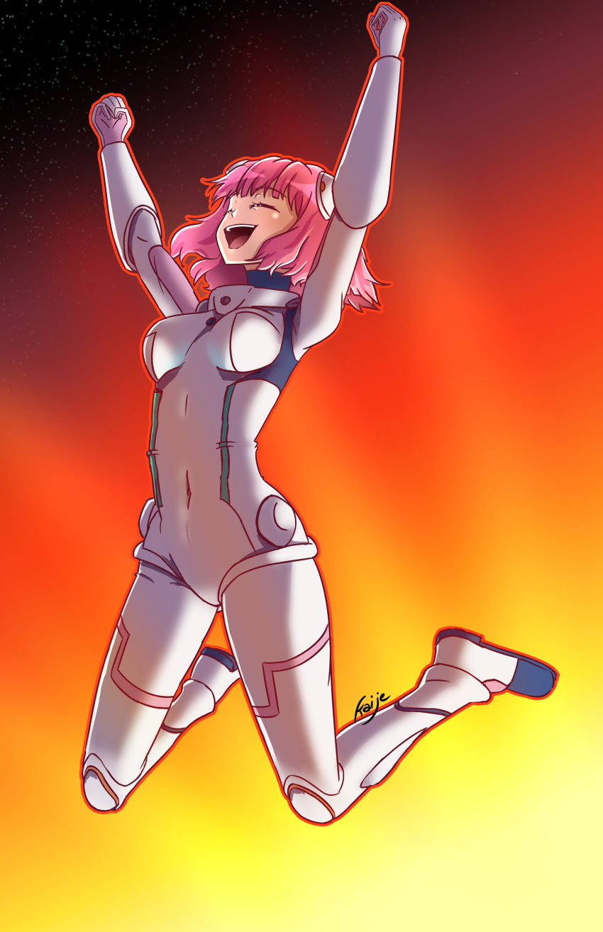 1girl, :d, absurdres, aries_spring, arms_up, artist_name, bodysuit, breasts