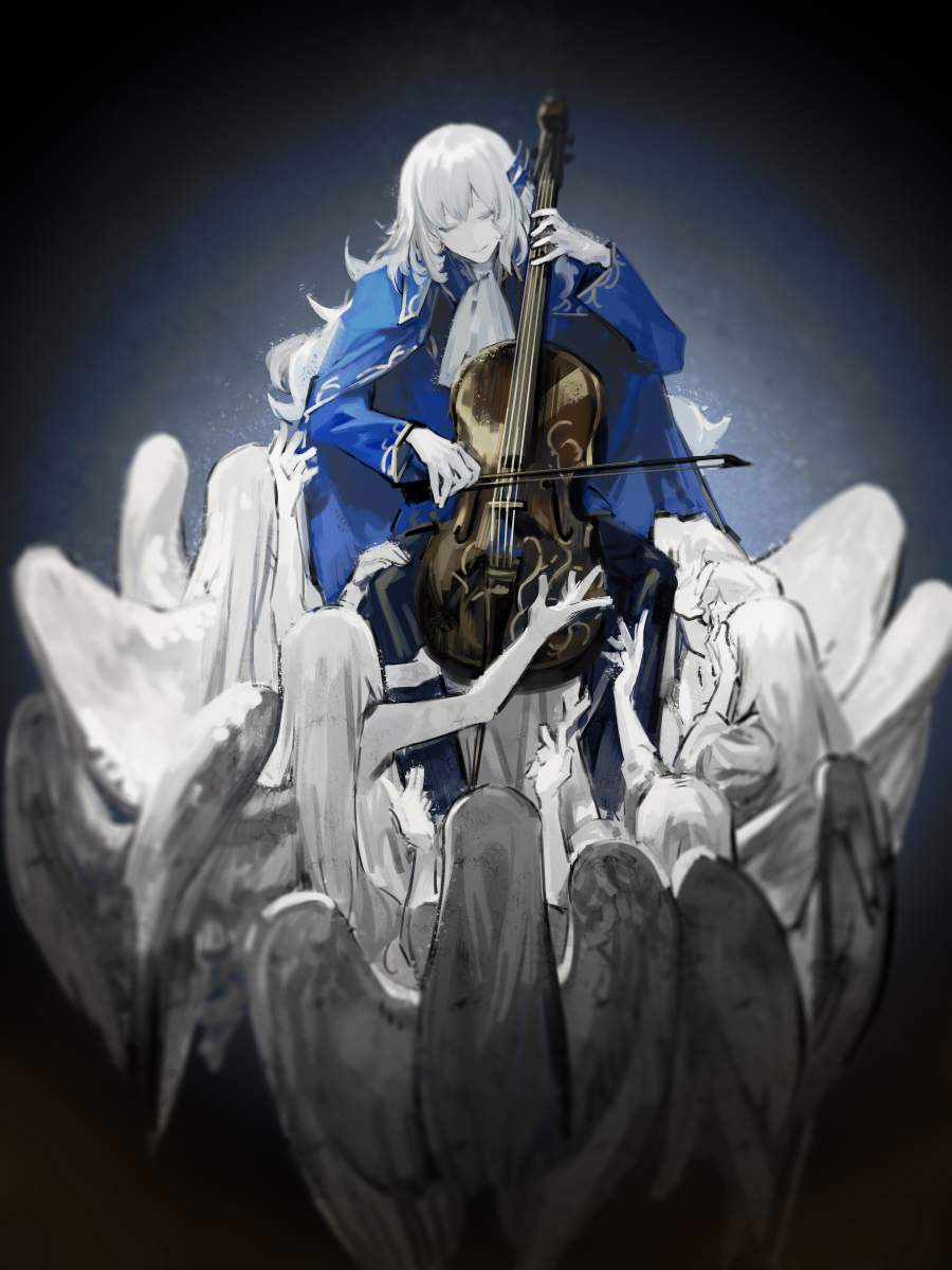 1boy, angel_statue, argalia_(library_of_ruina), ascot, blue_cloak, blue_coat, cloak, closed_eyes