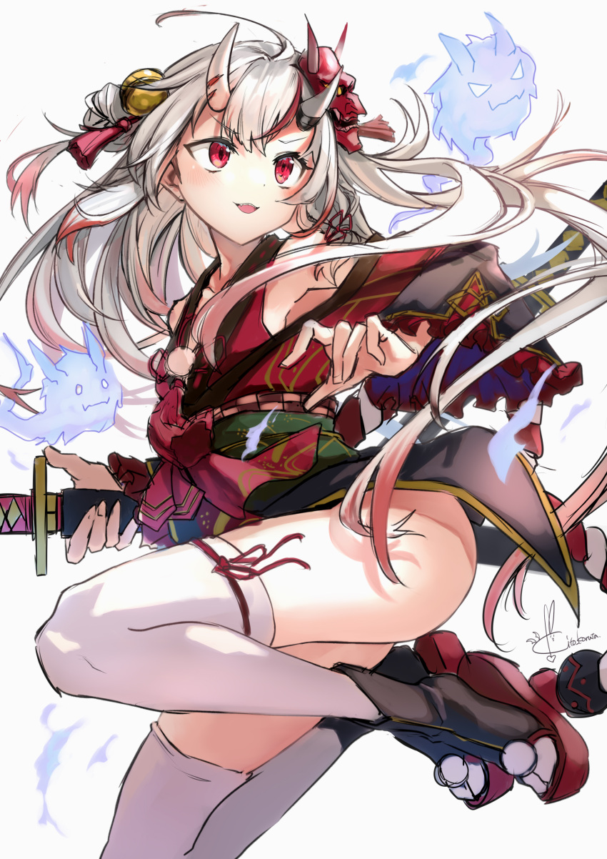 absurdres, bangs, bell, bow, double_bun, eyebrows_visible_through_hair, fang, frilled_sleeves, frills, gold_trim, gradient_hair, hair_bell, hair_between_eyes, hair_ornament, highres, hololive, horns, japanese_clothes, jingle_bell, karma_(nakiri_ayame), katana, kimono, kito_koruta, kouhaku_nawa, long_hair, long_sleeves, mask, mask_on_head, multicolored_hair, nakiri_ayame, obi, off-shoulder_kimono, okobo, oni, oni_horns, oni_mask, open_mouth, pom_pom_(clothes), red_eyes, redhead, sash, sheath, sheathed, shiranui_(nakiri_ayame), short_kimono, sidelocks, skin-covered_horns, streaked_hair, sword, tabi, tassel, thigh-highs, two_side_up, virtual_youtuber, weapon, white_hair, white_legwear, wide_sleeves