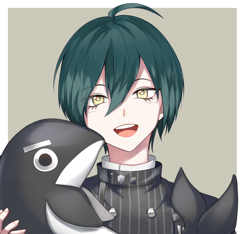 1boy, :d, absurdres, ahoge, bangs, black_hair, border, brown_background, buttons, commission, dangan_ronpa_(series), dangan_ronpa_v3:_killing_harmony, double-breasted, green_hair, hair_between_eyes, hand_up, highres, holding, jacket, long_sleeves, looking_at_viewer, male_focus, nivel-floss, open_mouth, portrait, saihara_shuuichi, short_hair, smile, solo, stuffed_orca, upper_teeth, white_border, yellow_eyes