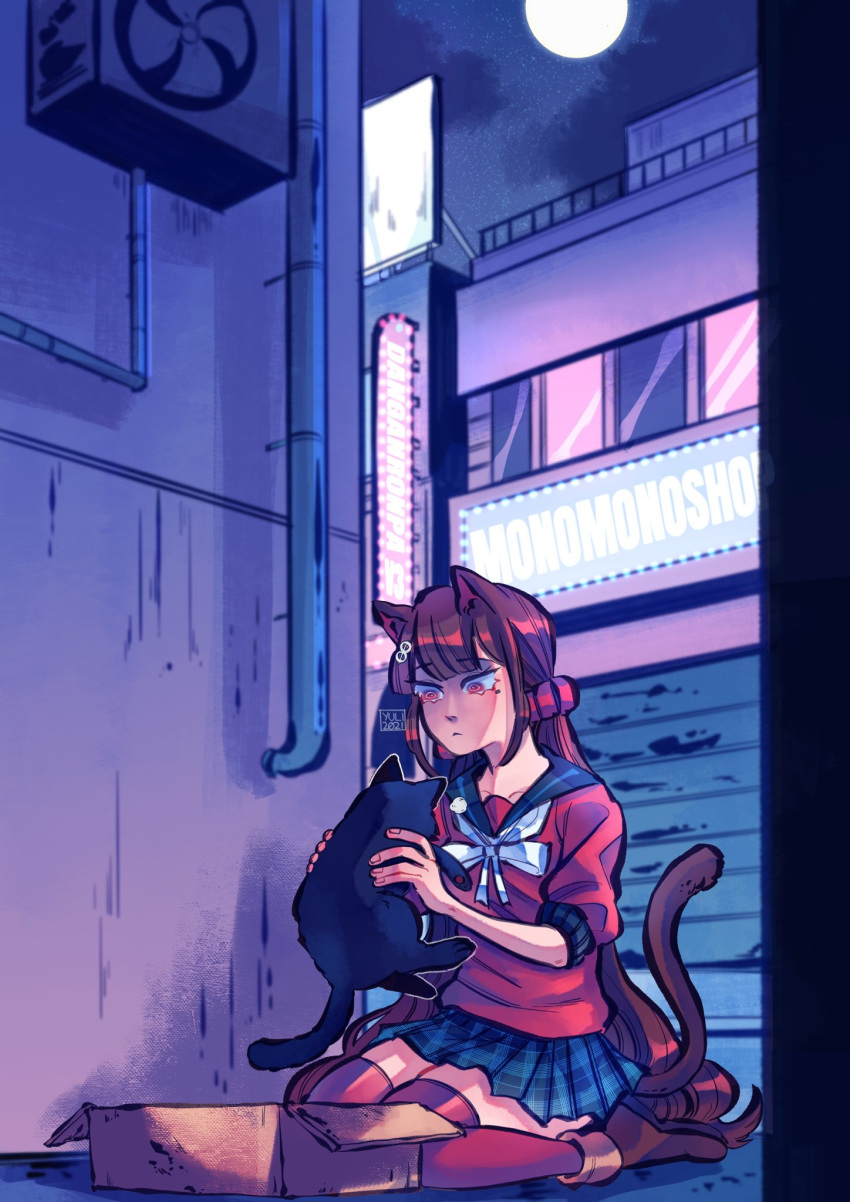 1girl, 2021, animal_ears, artist_name, bangs, black_cat, blunt_bangs, bow