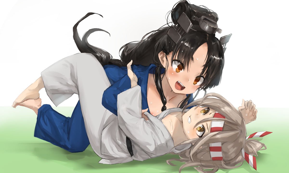 2girls, barefoot, black_hair, blush, brown_eyes, clenched_teeth, collarbone, fighting