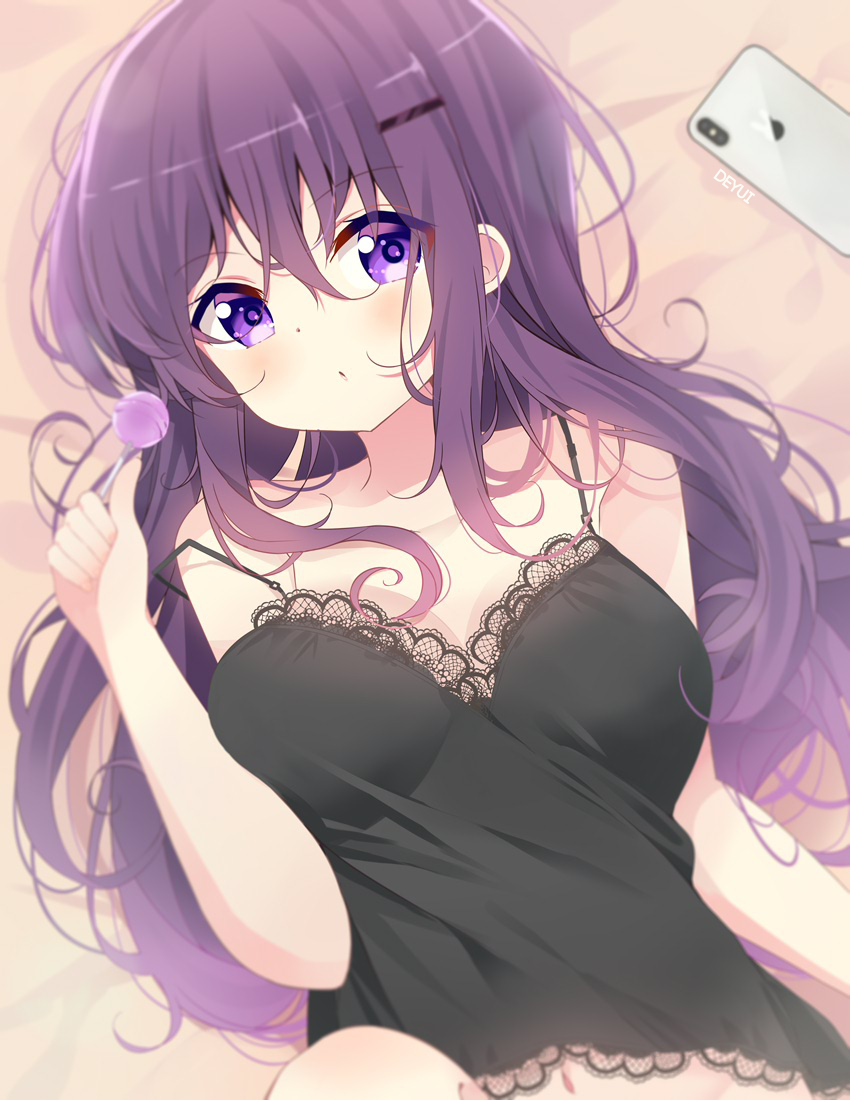 1girl, artist_name, bangs, bare_shoulders, black_camisole, blush, breasts, camisole, candy, cellphone, collarbone, deyui, eyebrows_visible_through_hair, food, gochuumon_wa_usagi_desu_ka?, hair_between_eyes, hair_ornament, hairclip, holding, holding_candy, holding_food, holding_lollipop, large_breasts, lollipop, long_hair, looking_at_viewer, lying, navel, on_back, phone, purple_hair, signature, solo, tedeza_rize, upper_body, violet_eyes