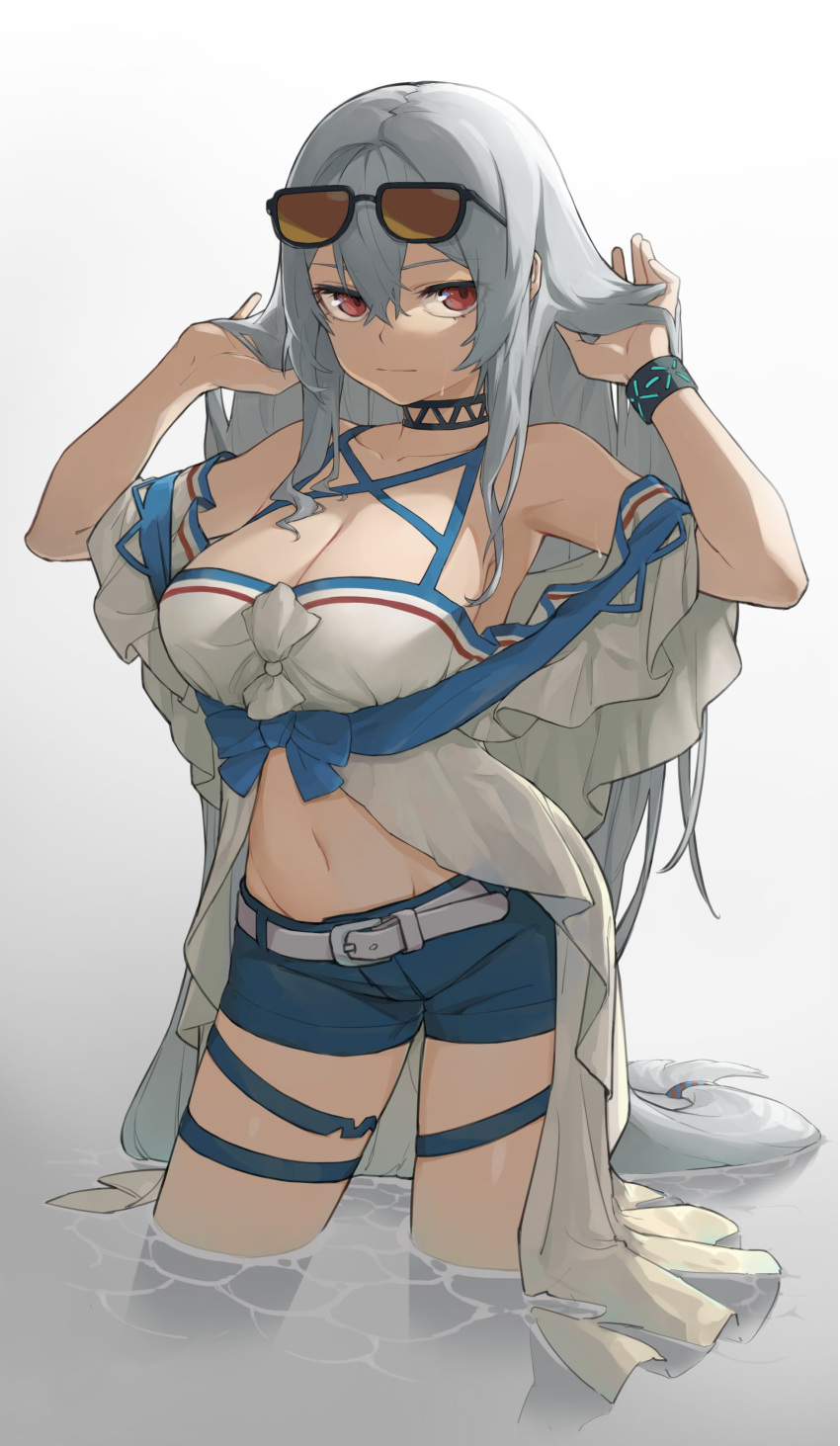 1girl, absurdres, arknights, armpits, bangs, bare_shoulders, black_choker, blue_shorts