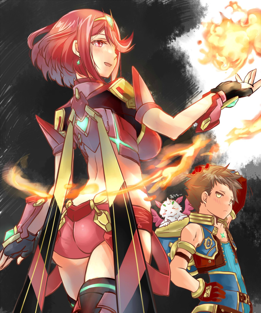 1girl, 2boys, azurda_(xenoblade), bangs, black_gloves, breasts, chest_jewel, earrings