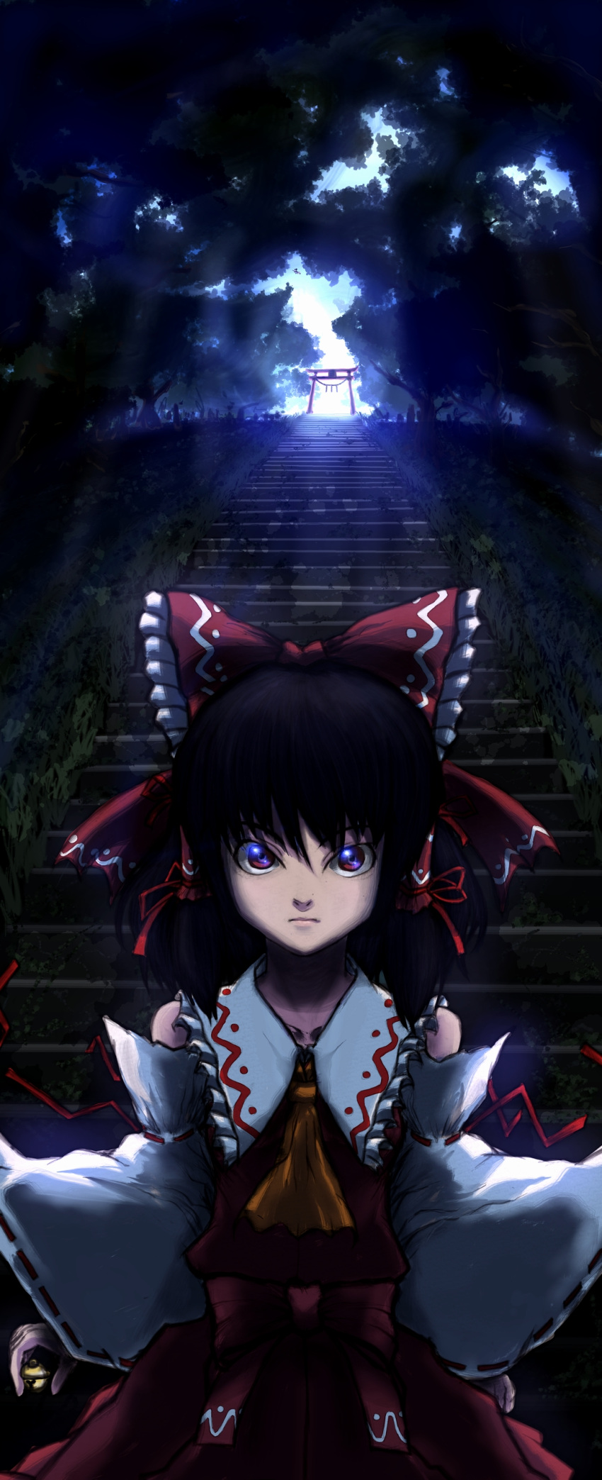 ascot, bell, black_hair, blue, detached_sleeves, glowing, glowing_eyes, hair_ornament