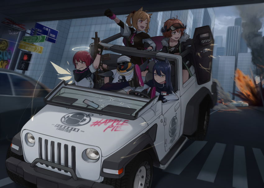 4girls, 5girls, ;d, absurdres, animal_ear_fluff, animal_ears, arknights, bad_perspective, bird, black_hair, brown_hair, bullet_hole, car, clenched_hand, croissant_(arknights), destruction, driving, emperor_penguin, explosion, expressionless, exusiai_(arknights), fist_pump, ground_vehicle, halo, highres, jeep, kiryuu_haru_(445), long_hair, looking_back, motor_vehicle, multiple_girls, one_eye_closed, open_mouth, penguin, penguin_logistics_(arknights), raised_fist, redhead, road, shield, short_hair, smile, smoke, smug, sora_(arknights), street, sunglasses, texas_(arknights), weapon, wings, wolf_ears, wolf_girl