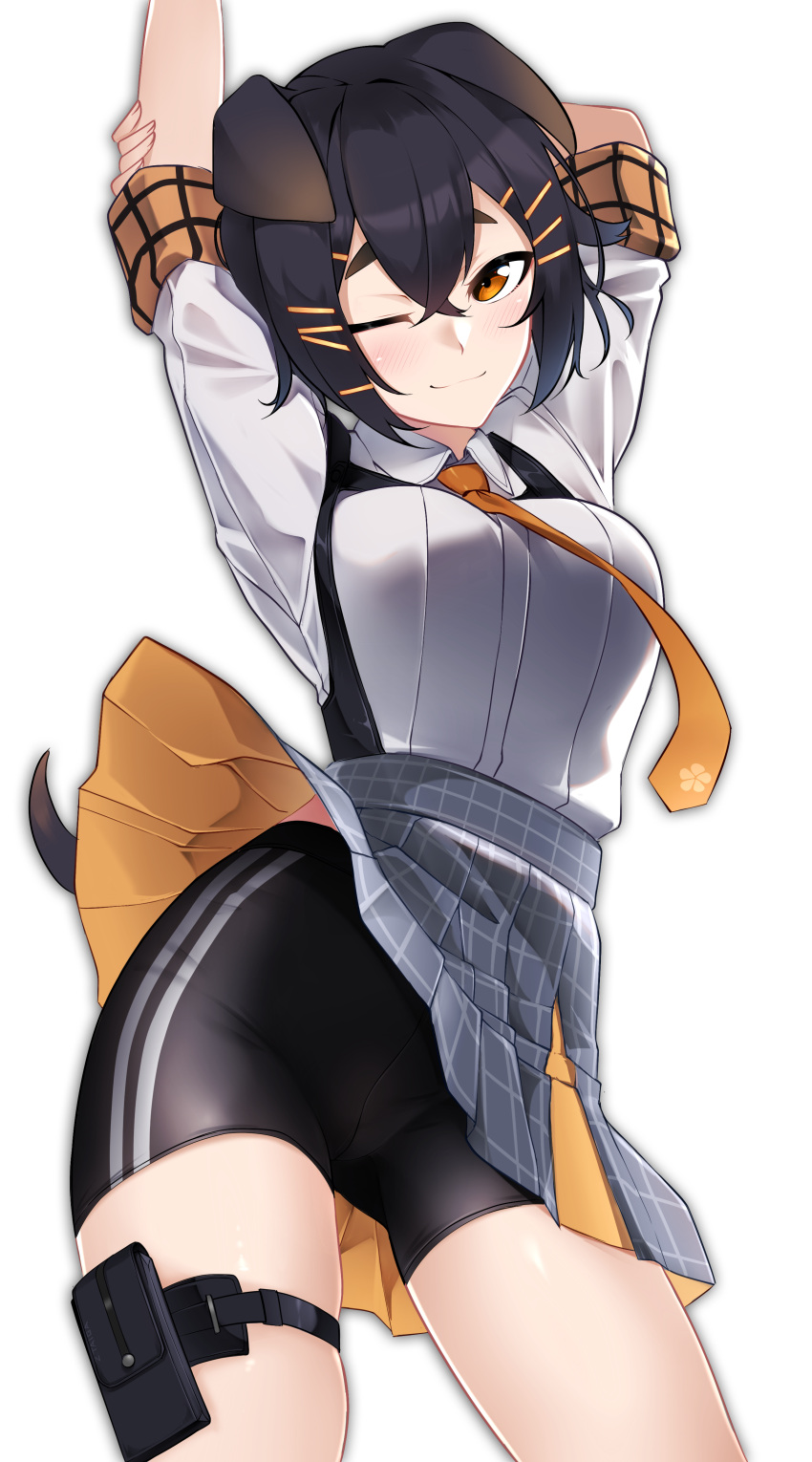 1girl, ;), absurdres, animal_ears, arknights, arms_up, bike_shorts, black_hair