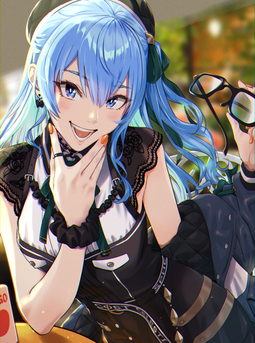 1girl, absurdres, bangs, beret, black_dress, black_headwear, blue_eyes, blue_hair