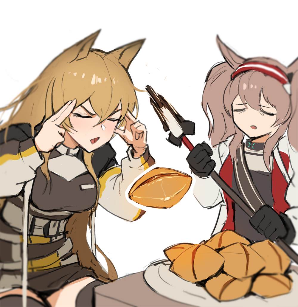 2girls, angelina_(arknights), animal_ears, arknights, bangs, black_choker, black_jacket, black_legwear