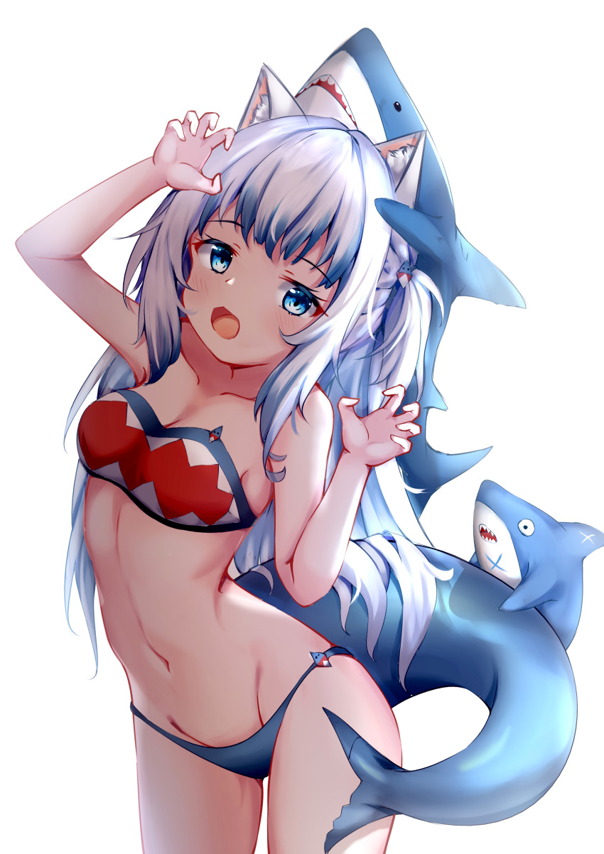 1girl, absurdres, animal_ears, bangs, bikini, bloop_(gawr_gura), blue_bikini, blue_eyes, blue_hair, breasts, cat_ears, collarbone, cowboy_shot, eyebrows_visible_through_hair, fish_tail, gawr_gura, groin, highres, hololive, hololive_english, juiceneko, long_hair, looking_at_viewer, multicolored_hair, navel, open_mouth, shark_tail, simple_background, small_breasts, standing, stuffed_animal, stuffed_shark, stuffed_toy, swimsuit, tail, thighs, two-tone_hair, virtual_youtuber, white_background, white_hair