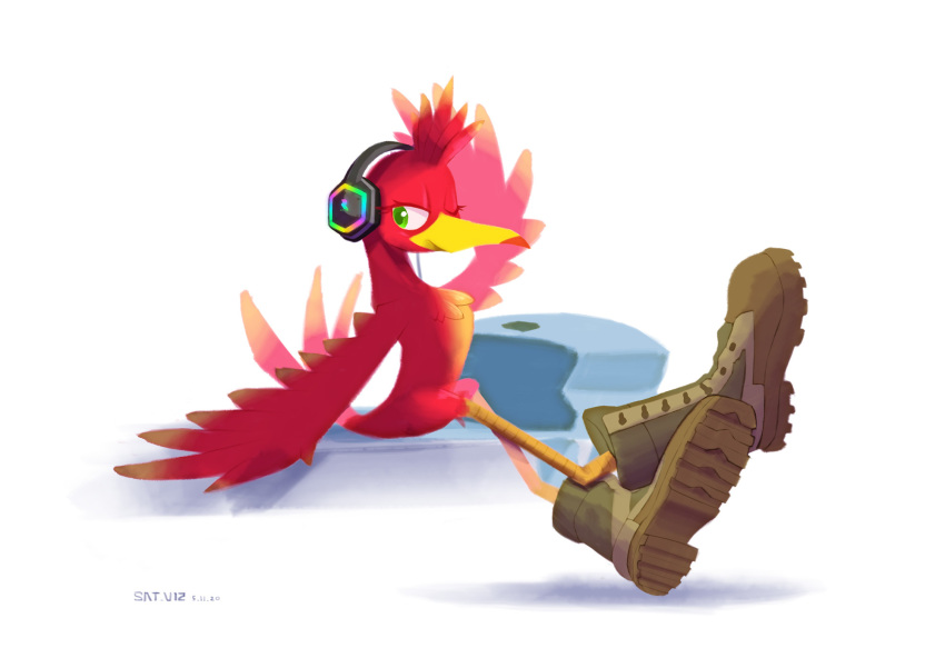 1girl, adjusting_headphones, artist_name, banjo-kazooie, beak, bird_girl, bird_tail, boots, brown_footwear, closed_mouth, crossed_legs, dated, eyelashes, full_body, furry, green_eyes, half-closed_eye, hand_up, headphones, highres, kazooie_(banjo-kazooie), logo, looking_to_the_side, one_eye_closed, rareware, sat-v12, signature, simple_background, sitting, solo, white_background
