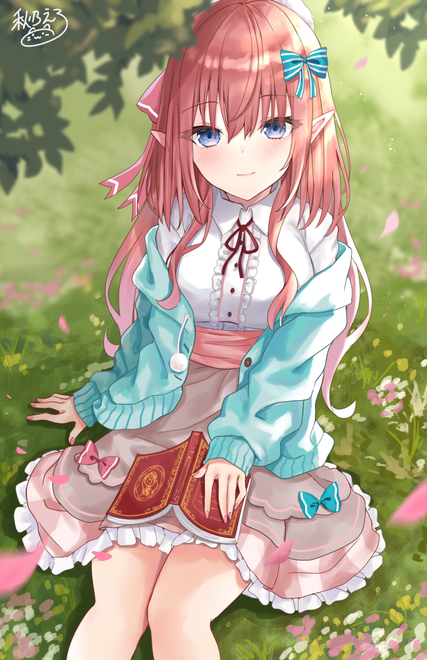 1girl, akino_ell, bangs, blue_eyes, blue_jacket, blush, book, breasts, brown_hair, brown_skirt, center_frills, closed_mouth, collared_shirt, commentary_request, day, eyebrows_visible_through_hair, frilled_skirt, frills, grass, hair_between_eyes, hana_flores, highres, jacket, long_hair, long_sleeves, looking_at_viewer, medium_breasts, nail_polish, neck_ribbon, off_shoulder, on_grass, open_book, open_clothes, open_jacket, outdoors, petals, pink_nails, pointy_ears, production_kawaii, red_ribbon, ribbon, shirt, sitting, skirt, sleeves_past_wrists, smile, solo, very_long_hair, virtual_youtuber, white_shirt
