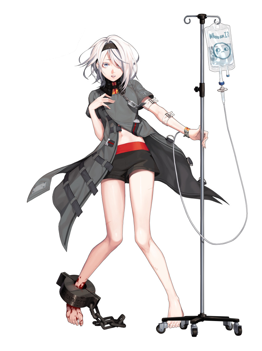 1girl, absurdres, bangs, barefoot, belt_collar, black_hairband, black_shorts, black_survival, blood, blood_on_feet, blue_eyes, coat, collar, cuffs, dropper, english_text, full_body, grey_coat, hair_over_one_eye, hairband, highres, holding, intravenous_drip, looking_at_viewer, medium_hair, midriff_peek, navel, official_alternate_costume, official_art, parted_lips, short_shorts, short_sleeves, shorts, sissela_(black_survival), solo, standing, transparent_background, white_hair, wristwear, yamakawa