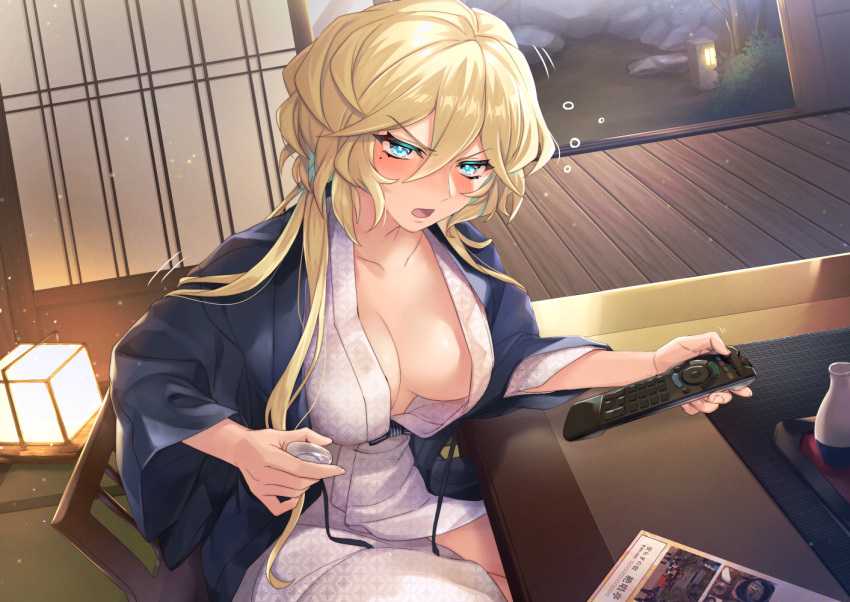 1girl, alcohol, bath_yukata, blue_eyes, blush, breasts, carol_malus_dienheim, controller