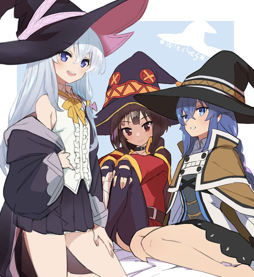 3girls, bangs, black_cape, black_gloves, black_headwear, black_skirt, blue_background, blue_eyes, blue_hair, brown_hair, cape, closed_mouth, commentary, crossed_bangs, crossover, elaina_(majo_no_tabitabi), english_commentary, eyebrows_visible_through_hair, fingerless_gloves, gabu_(az210309), gloves, hair_between_eyes, hat, highres, kono_subarashii_sekai_ni_shukufuku_wo!, legs, long_hair, looking_at_viewer, majo_no_tabitabi, megumin, multiple_girls, mushoku_tensei, open_mouth, pleated_skirt, red_eyes, red_shirt, roxy_migurdia, shirt, simple_background, sitting, skirt, smile, thighs, two-tone_background, white_background, white_hair, white_shirt, witch_hat