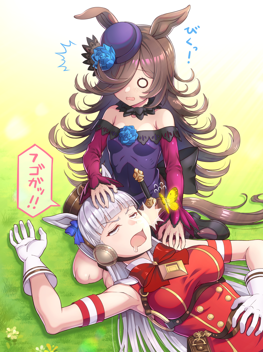 2girls, arm_up, bangs, belt_pouch, blank_eyes, blue_flower, blue_rose, blunt_bangs, bow, breasts, brown_hair, brown_headwear, bug, butterfly, commentary_request, day, dress, eyebrows_visible_through_hair, flower, gloves, gold_ship_(umamusume), grass, hair_over_one_eye, half-closed_eyes, hand_on_another's_head, hand_on_another's_shoulder, hand_on_own_stomach, hat, hat_flower, highres, insect, lap_pillow, long_hair, long_sleeves, looking_at_another, medium_breasts, mouth_drool, multiple_girls, nose_bubble, o_o, off-shoulder_dress, off_shoulder, open_mouth, pantyhose, pillow_hat, pouch, purple_dress, purple_headwear, red_bow, red_sleeves, rice_shower_(umamusume), rose, silver_hair, small_breasts, suka_masashi, translation_request, umamusume, white_gloves, white_legwear, yellow_butterfly