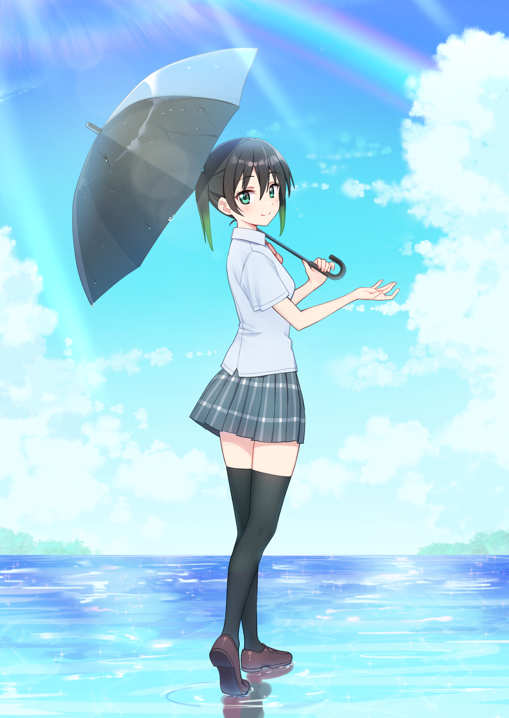 1girl, bangs, black_hair, black_legwear, commentary, day, deadnooodles, from_behind