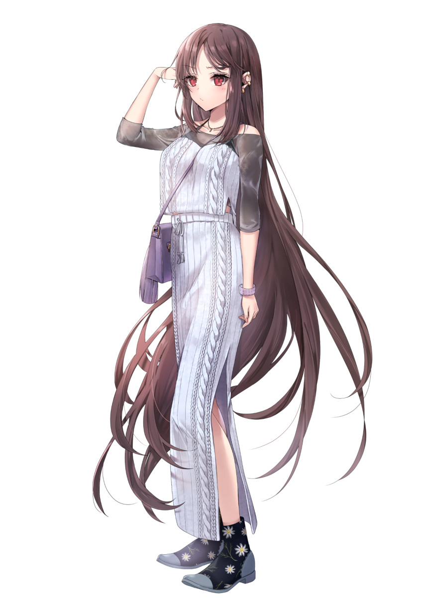 1girl, absurdres, blush, breasts, brown_hair, contemporary, earrings, fate/grand_order