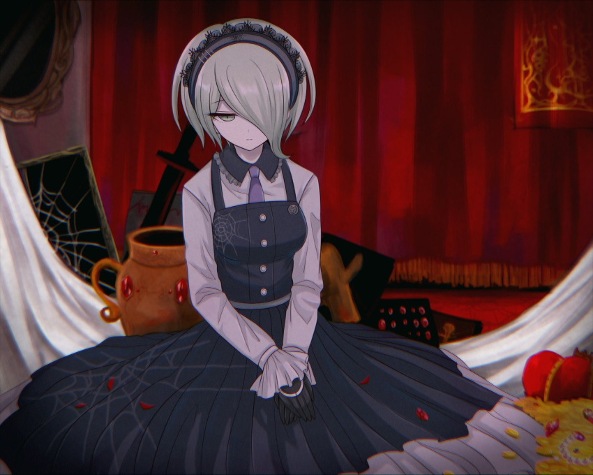 1girl, 8takenokonosato8, bangs, bans, black_dress, black_gloves, breasts, collared_dress, commentary_request, curtains, dress, gloves, gold_coin, green_eyes, grey_shirt, hair_over_one_eye, hairband, half-closed_eye, highres, indoors, long_sleeves, looking_at_viewer, medium_breasts, necktie, pinafore_dress, purple_neckwear, sad, shiny, shiny_hair, shirt, short_hair, sitting, solo, sword, toujou_kirumi, vase, weapon