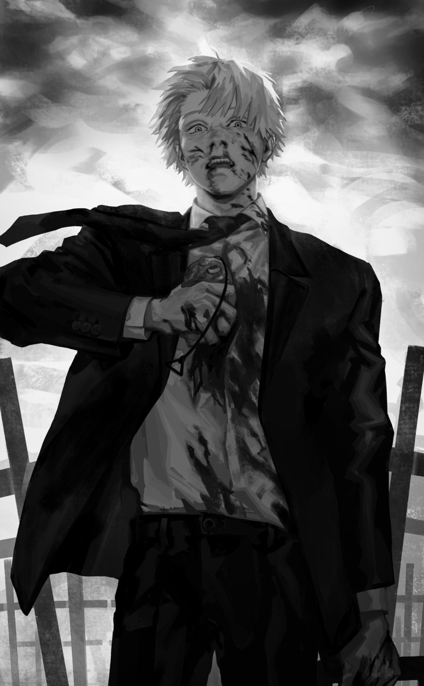 1boy, bangs, blazer, blood, blood_on_face, bloody_clothes, cable, chainsaw_man, collared_shirt, cowboy_shot, creature, cross, denji_(chainsaw_man), dress_shirt, formal, greyscale, hand_up, highres, holding, holding_another, injury, jacket, latin_cross, long_sleeves, looking_at_viewer, looking_down, male_focus, monochrome, necktie, nosebleed, open_mouth, pants, pochita_(chainsaw_man), seki_(fyfyfy), sharp_teeth, shirt, shirt_tucked_in, short_hair, solo, suit, teeth