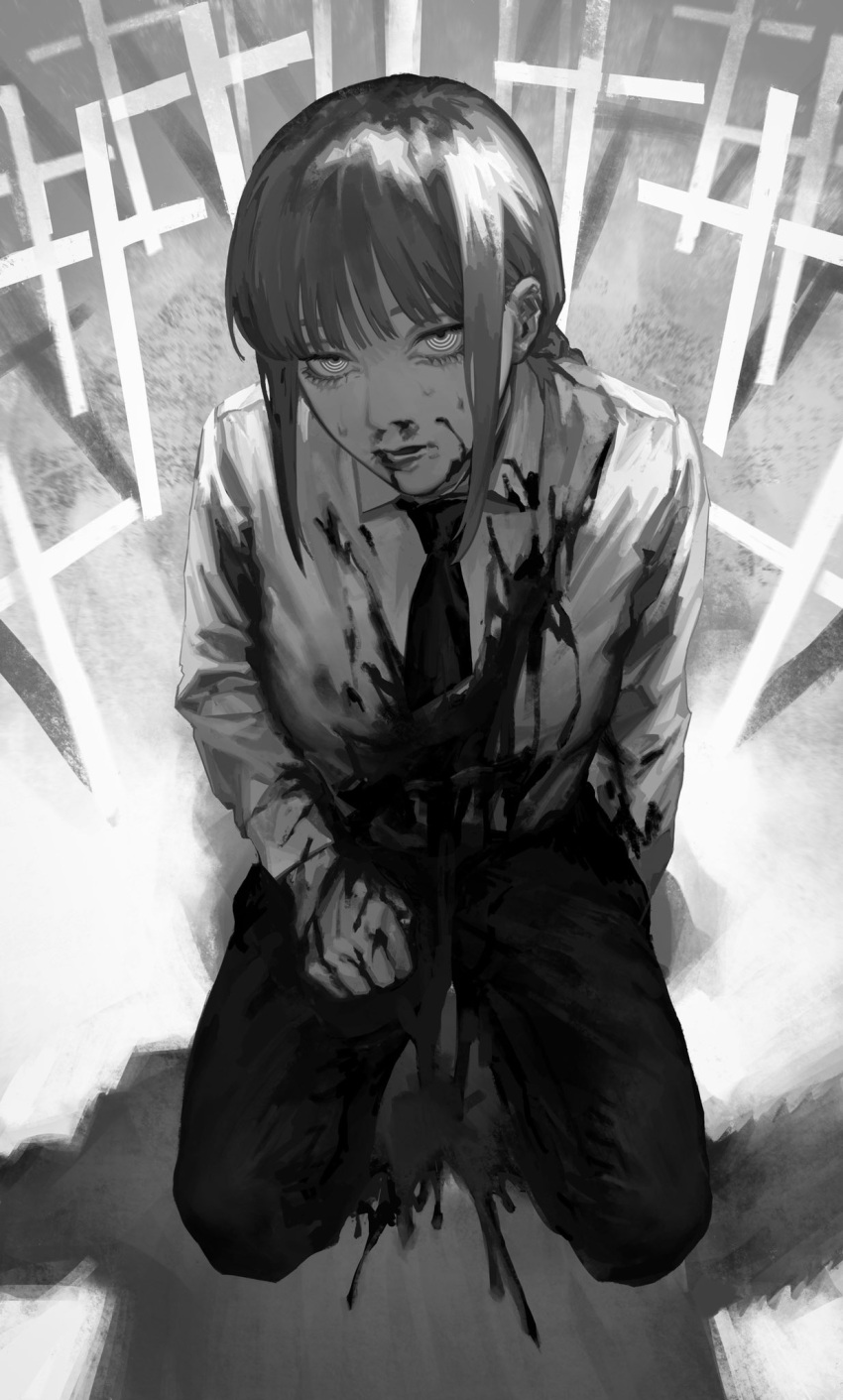 1girl, bangs, bleeding, blood, blood_on_face, bloody_clothes, blunt_bangs, chainsaw, chainsaw_man, clenched_hand, collared_shirt, cross, denji_(chainsaw_man), dress_shirt, expressionless, from_above, full_body, greyscale, half-closed_eyes, hand_on_own_thigh, highres, injury, latin_cross, long_sleeves, looking_at_viewer, makima_(chainsaw_man), monochrome, necktie, nosebleed, out_of_frame, pants, parted_lips, ringed_eyes, seiza, seki_(fyfyfy), shadow, shirt, shirt_tucked_in, sitting, solo_focus, spoilers, sweatdrop