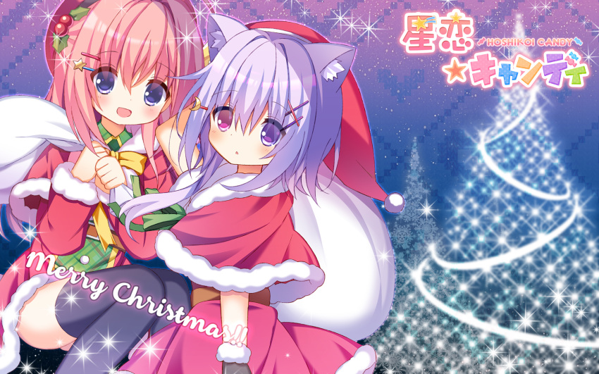 2girls, :d, animal_ear_fluff, animal_ears, black_legwear, blue_eyes, capelet, cat_ears