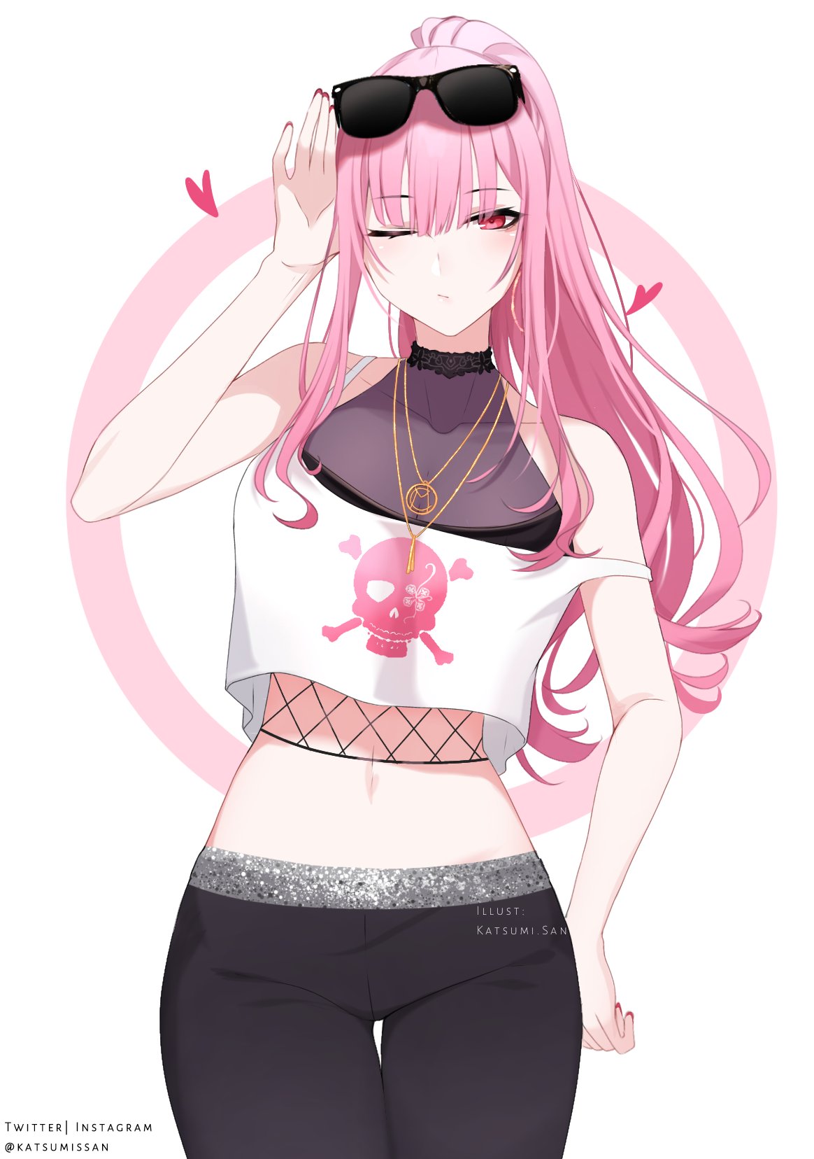 1girl, artist_name, bangs, black_legwear, breasts, collarbone, crop_top, eyebrows_behind_hair