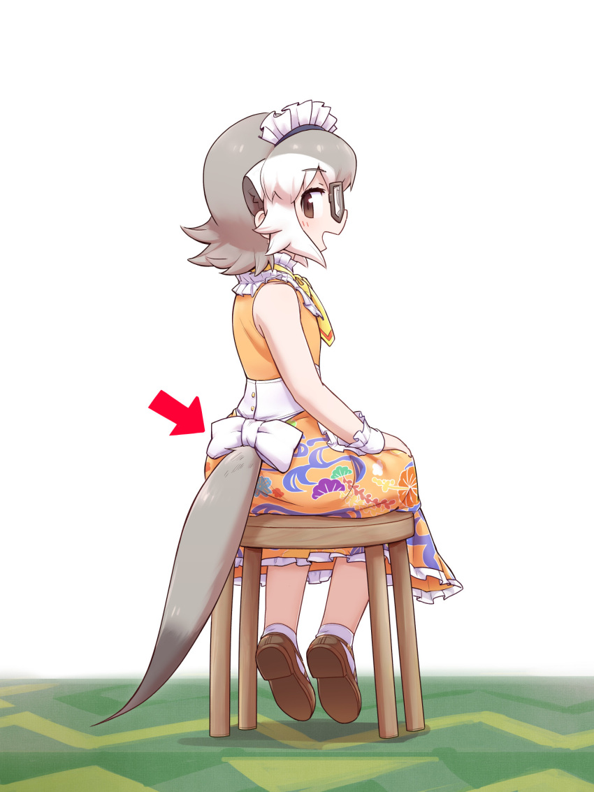 0x0082, 1girl, alternate_costume, arrow_(symbol), back_bow, bare_shoulders, bow, brown_footwear