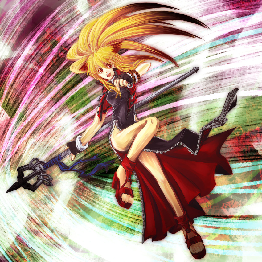 blonde_hair, china_dress, chinese_clothes, fingerless_gloves, fox_ears, fox_tail, gloves, highres, namco_x_capcom, nisewado, sandals, staff, super_robot_wars, super_robot_wars_og_saga_mugen_no_frontier, tail, vest, xiaomu, zipper