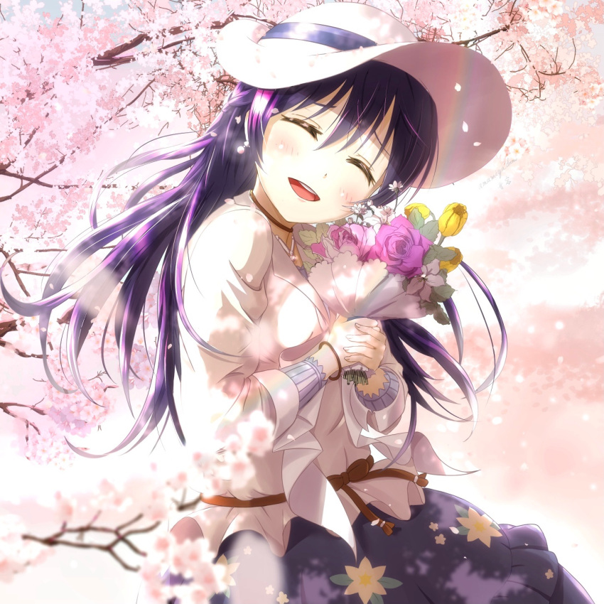 1girl, amamiya_(re-amamiya), bangs, blue_hair, blush, bouquet, cherry_blossoms, closed_eyes