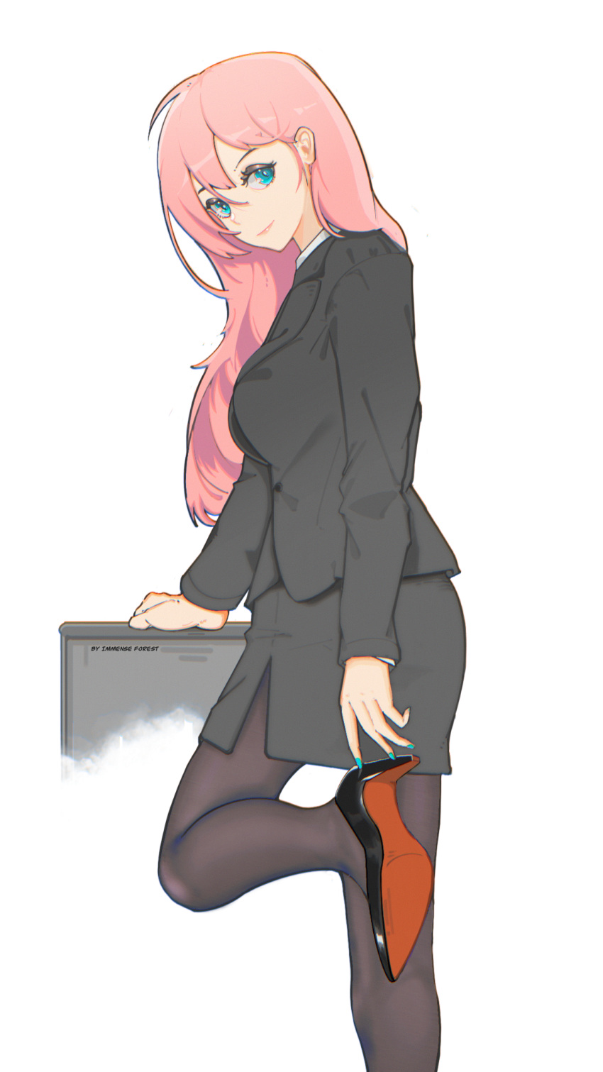 1girl, black_footwear, black_jacket, black_legwear, black_skirt, blue_eyes, breasts, christian_louboutin_(brand), formal, hair_behind_ear, hello_worker_(vocaloid), high_heels, highres, jacket, lin_hai, long_hair, looking_back, looking_to_the_side, medium_breasts, megurine_luka, office_lady, pantyhose, pencil_skirt, skirt, smile, solo, suit, vocaloid