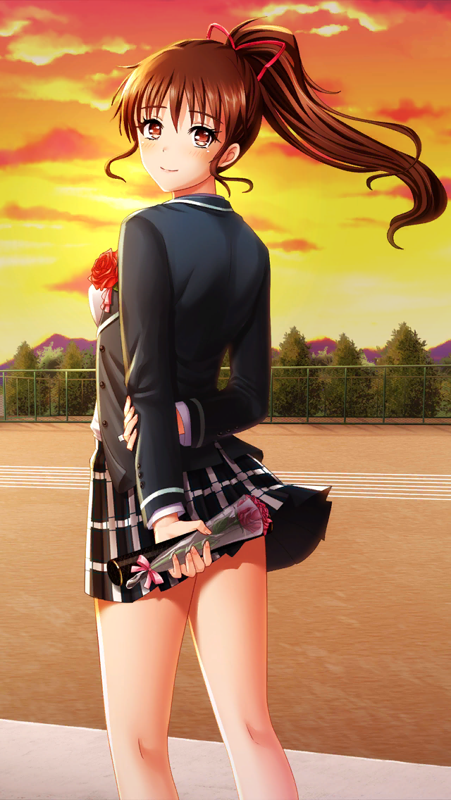 1girl, arms_behind_back, bangs, black_jacket, black_skirt, brown_eyes, brown_hair, closed_mouth, doukyuusei, doukyuusei_another_world, dusk, eyebrows_visible_through_hair, floating_hair, flower, game_cg, hair_between_eyes, hair_ribbon, high_ponytail, holding, holding_flower, jacket, long_hair, long_sleeves, looking_at_viewer, looking_back, miniskirt, official_art, plaid, plaid_skirt, pleated_skirt, red_flower, red_ribbon, ribbon, school_uniform, shiny, shiny_hair, skirt, smile, solo, standing, tanaka_misa