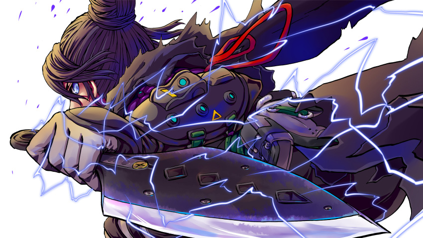 1girl, absurdres, apex_legends, bangs, black_scarf, cable, electricity, floating_hair