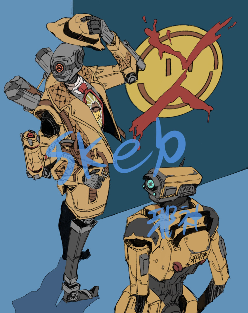 1boy, apex_legends, blue_eyes, brown_headwear, brown_jacket, commission, fake_facial_hair, fake_mustache