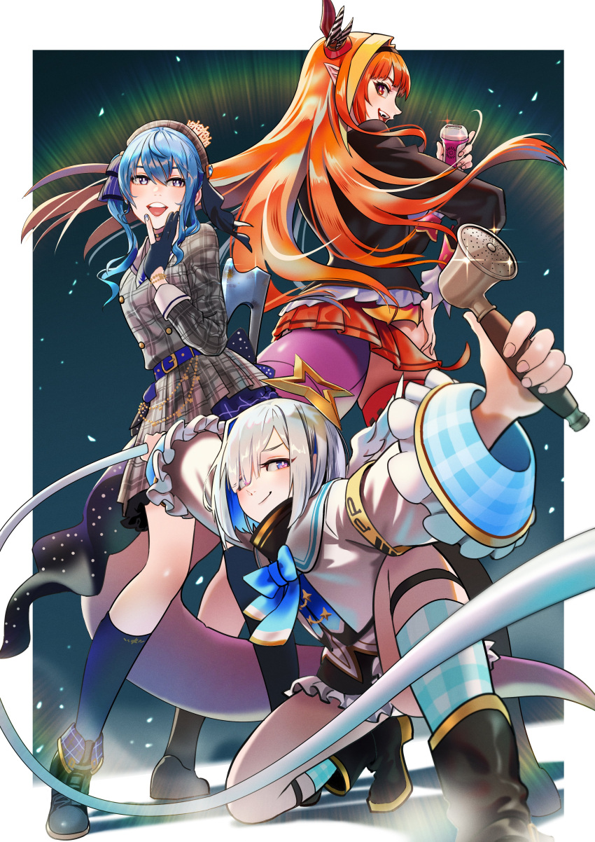 3girls, absurdres, amane_kanata, armband, asymmetrical_hair, asymmetrical_legwear, axe, back